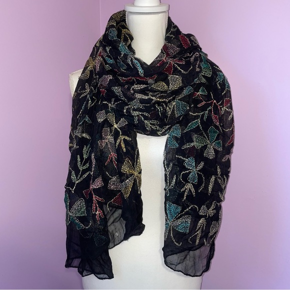 Embroidered Chiffon Georgette Large Scarf Rainbow Boho Preppy Eclectic Artsy